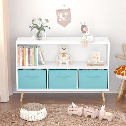 Bookcase With Collapsible Drawers, Book Display Storage Cabinet Organizer - White / Blue