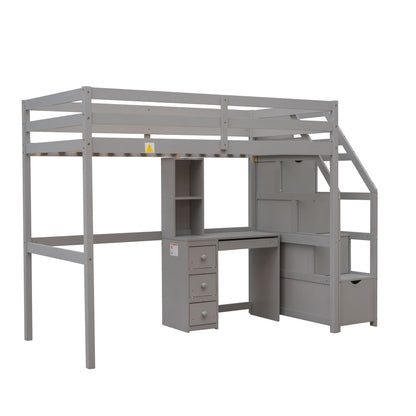 Loft Bed With Stand Alone Bed, Storage Staircase, Desk, Shelves, And Drawers