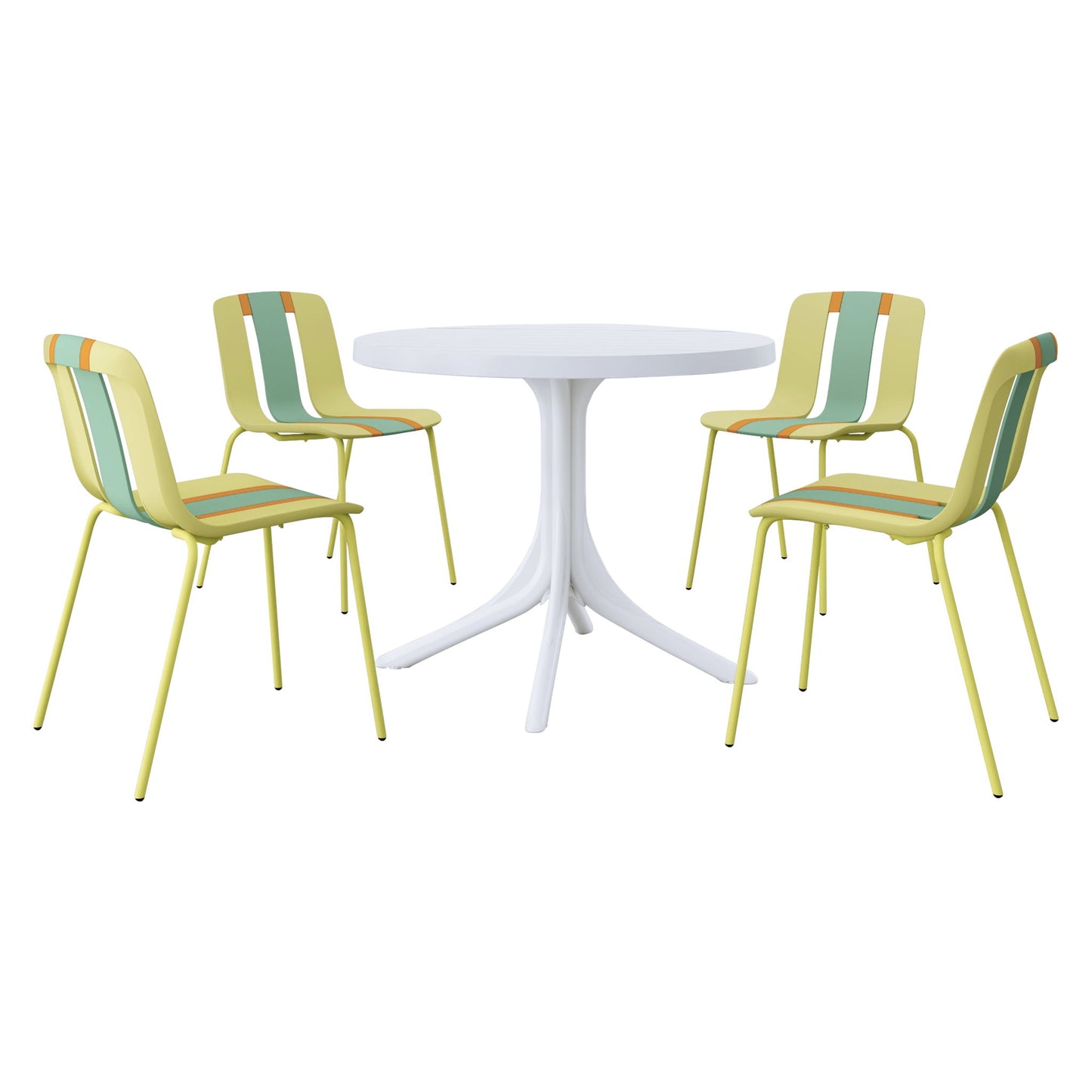4 Piece Set Of Color Block Designed Single Chairs With Round Table - Grain Yellow / Haze Green / Tropical Orange / White
