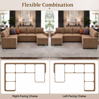 U - Shaped Convertible Sectional Sofa Bed With Storage, USB Charger & Cup Holders
