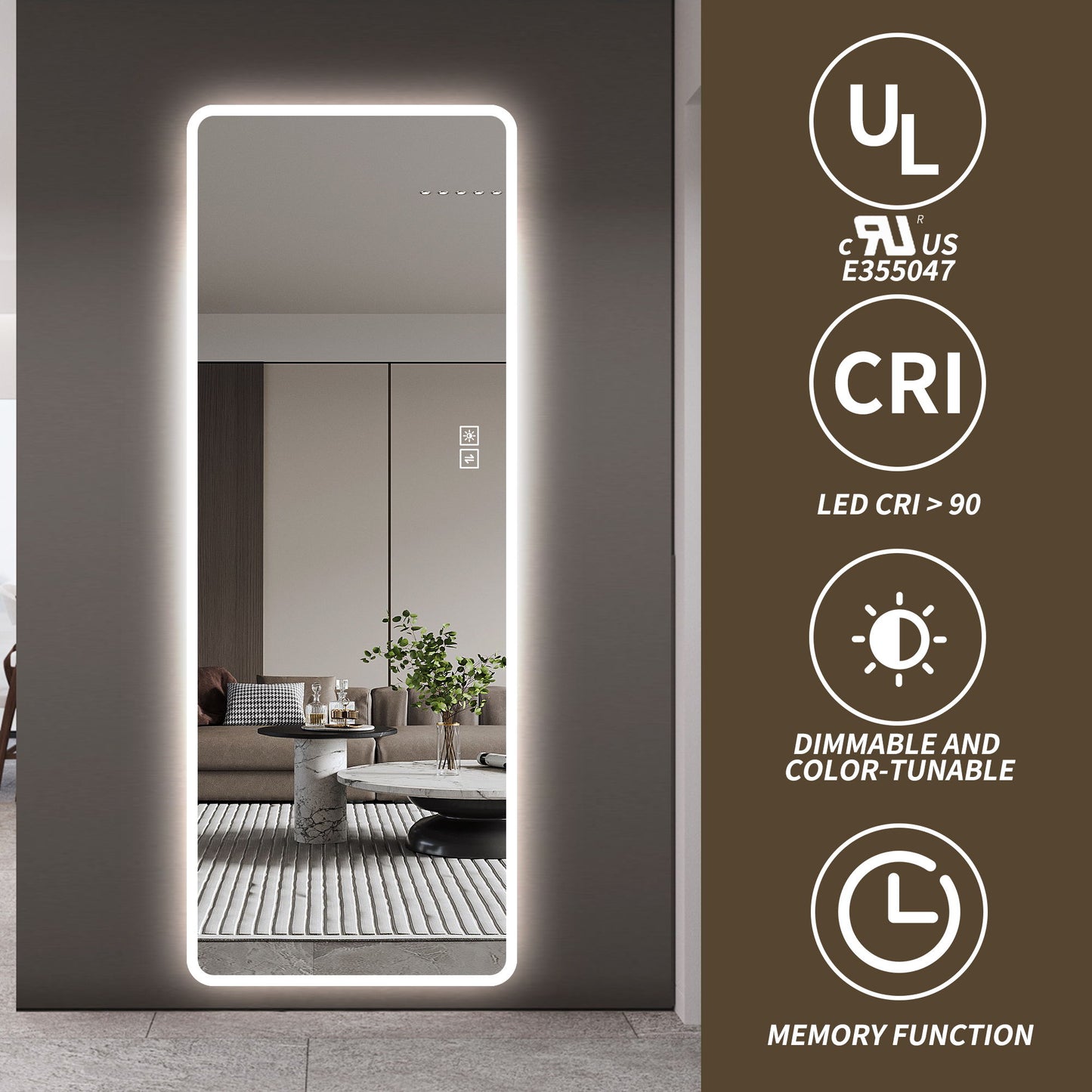 LED Full Length Mirror With Lights, Wall Mounted Full Body Mirror, Dimmable 3 Color Lighting, Anti Fog, Shatter Proof, Memory Function - Clear