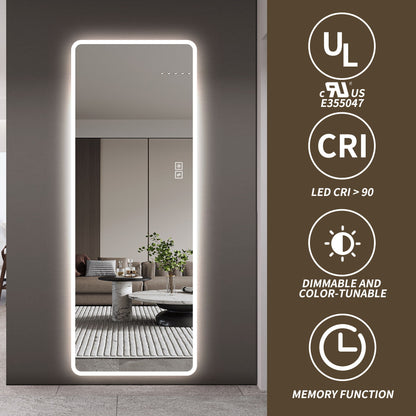 LED Full Length Mirror With Lights, Wall Mounted Full Body Mirror, Dimmable 3 Color Lighting, Anti Fog, Shatter Proof, Memory Function - Clear