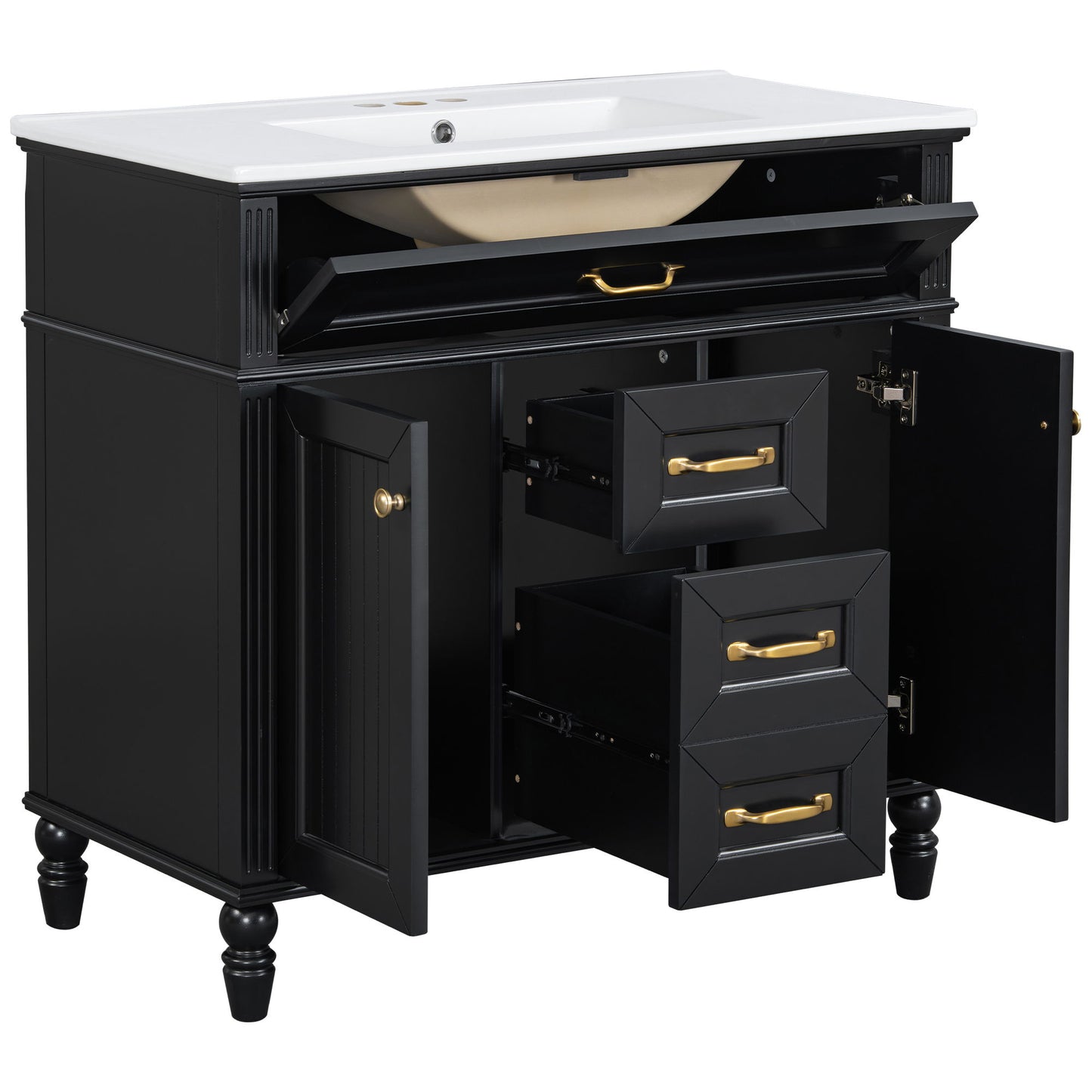 Bathroom Vanity With Sink, Flip-Out Top Drawer, Soft Close Doors, 2 Storage Drawers