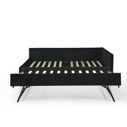 Full Size Upholstered Daybed With Trundle, Tufted Backrest And Armrests - Black