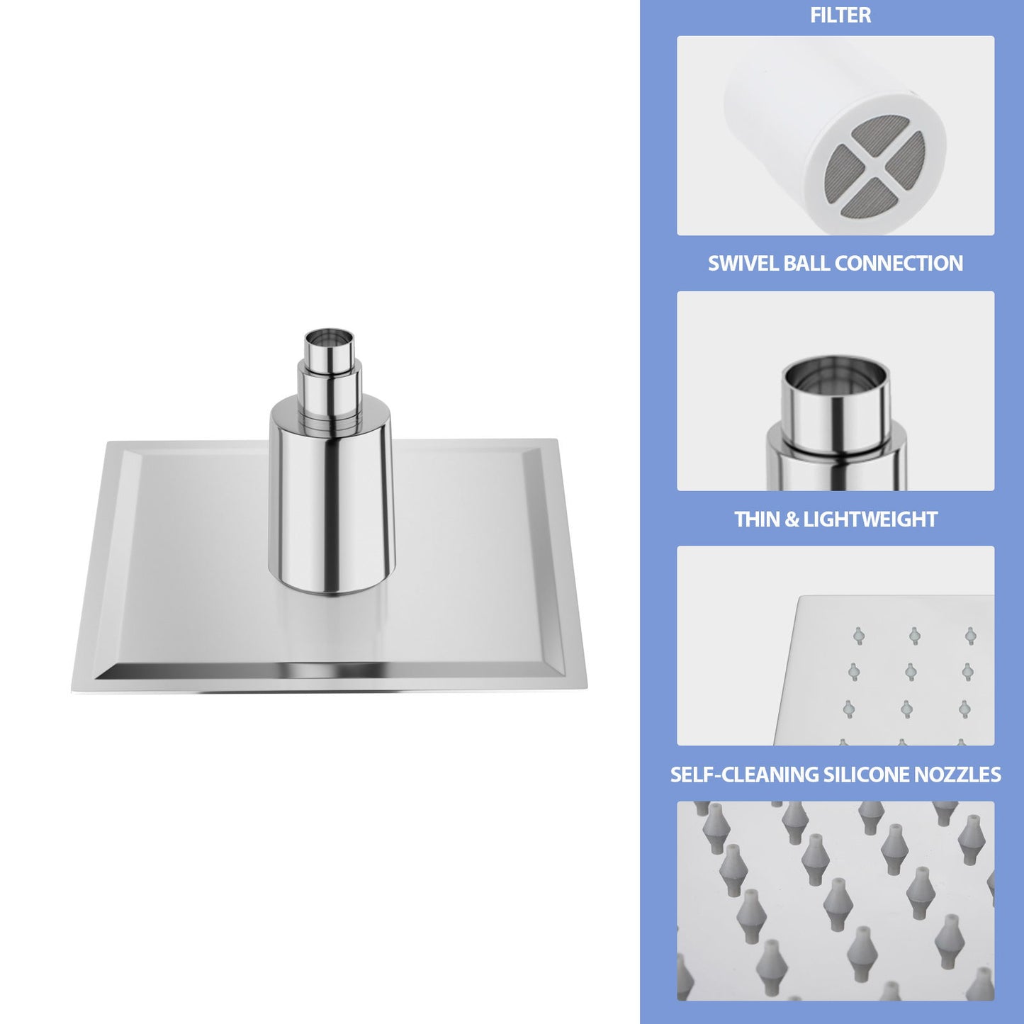 Ultra Thin 8" Square Rain Shower Head 304 Stainless Steel, Wall / Ceiling Mounted