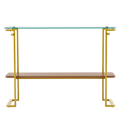 Console Table With Shelf, 2 Tier Living Room - Gold / Walnut