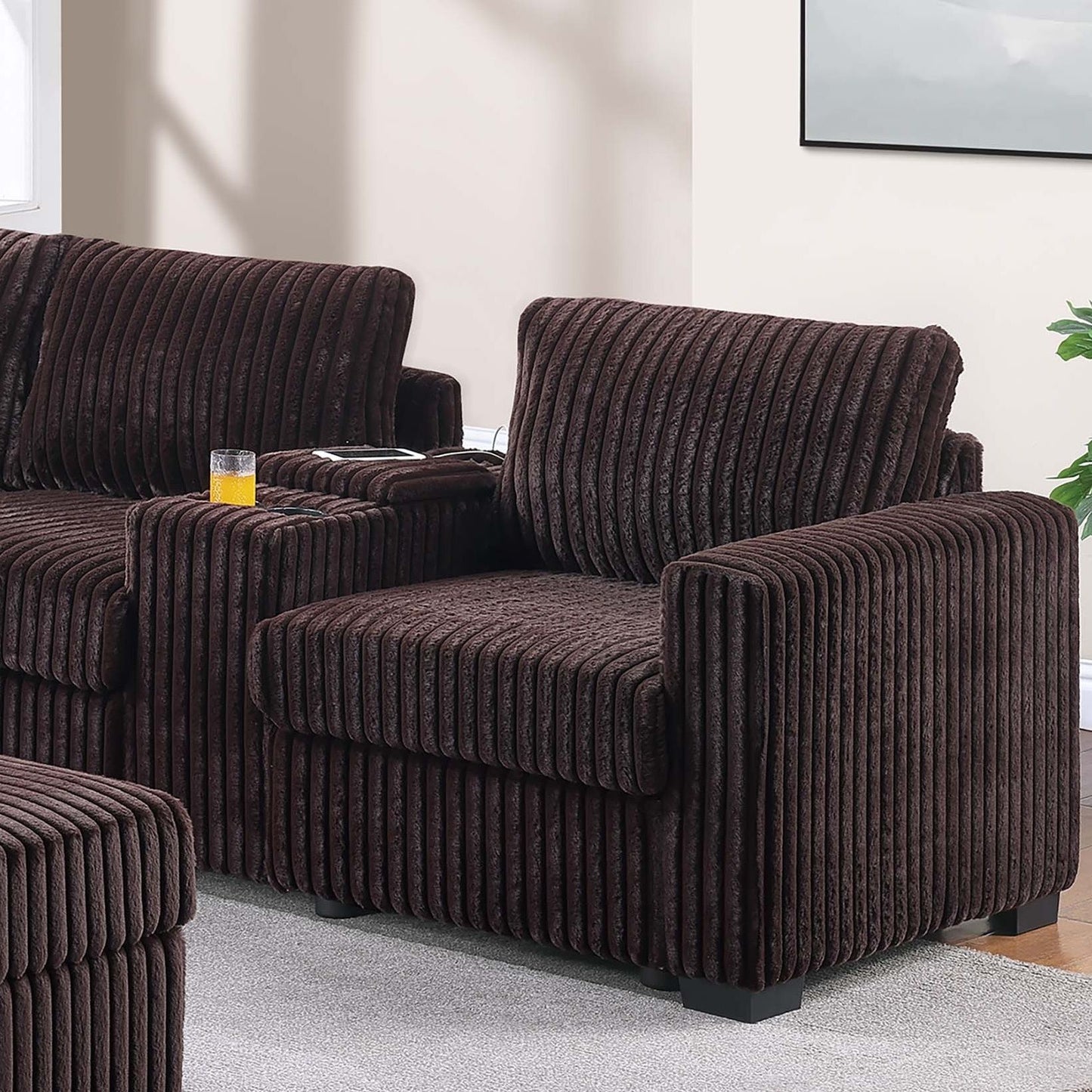 Contemporary L-Shaped Sectional Set With USB Console & Ottoman