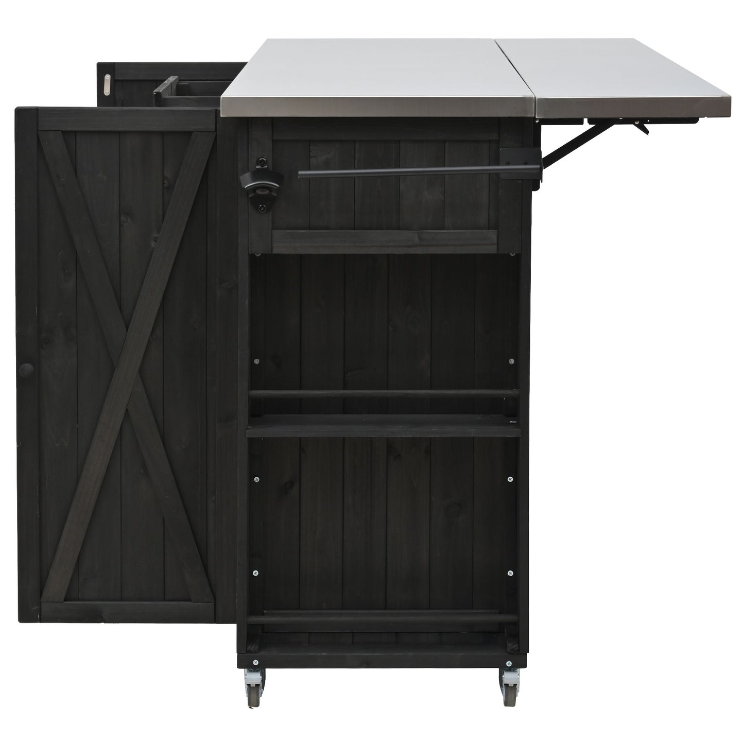 Outdoor Kitchen Island With Stainless Steel Top, Ample Storage Space, Towel And Spice Racks And A Bottle Opener