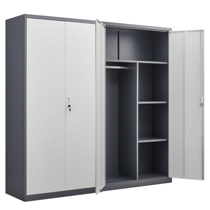 Wardrobe With Hanging Rod And Compartments, Lockable Closet With Locks & Keys For Bedroom - Gray