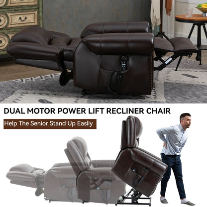 Power Lift Recliner Chair Heat Massage Dual Motor Infinite Position With USB Ports - Antique Brown