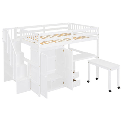 Loft Bed With Stairs, Bookshelf, Drawers, Desk & Wardrobe, Space Saving Multifunctional Furniture