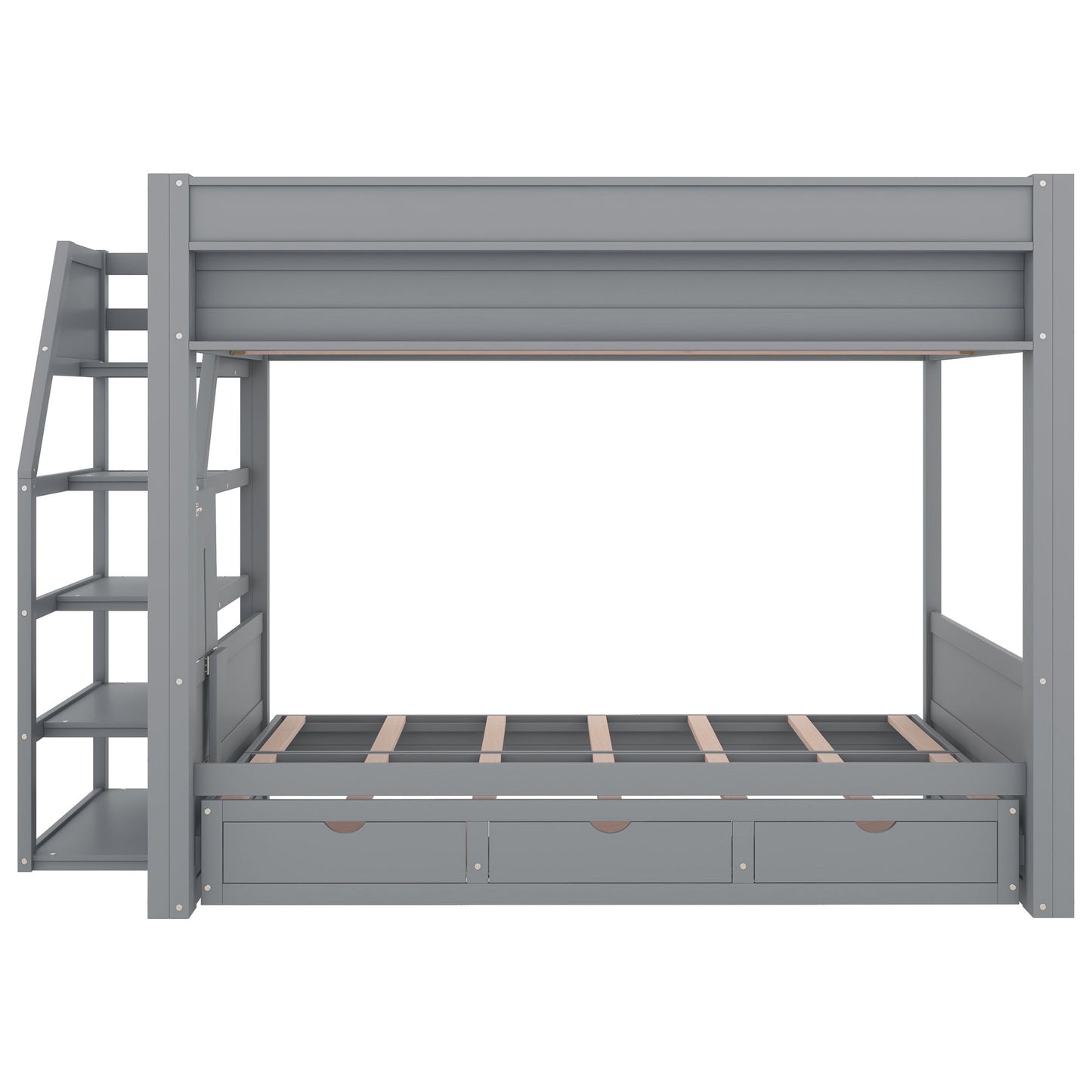 Wood Full Size Convertible Bunk Bed With Storage Staircase, Bedside Table, And 3 Drawers - Gray