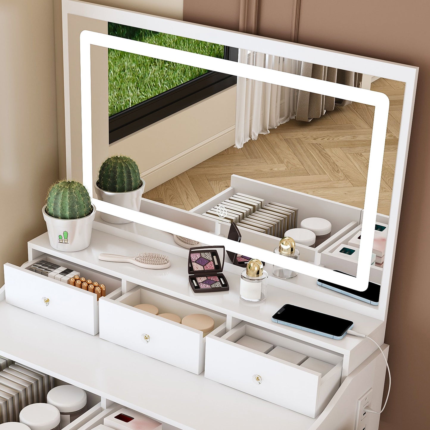 Modern Makeup Vanity Set With Power Outlet, Hair Dryer Holder, And Adjustable Lighting