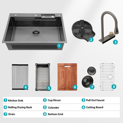 Waterfall Kitchen Sink With Pull Out Faucet & Cup Washer