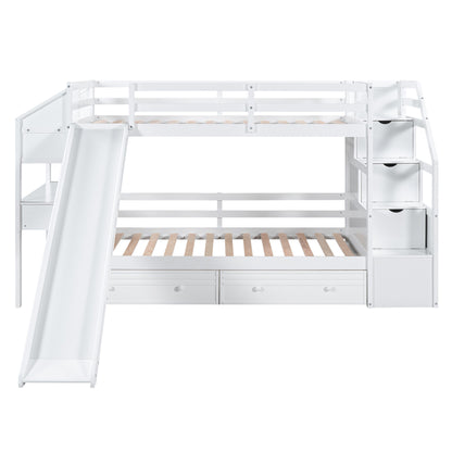 Bunk Bed With Storage Staircase, Slide, Desk, Drawers, And Shelves