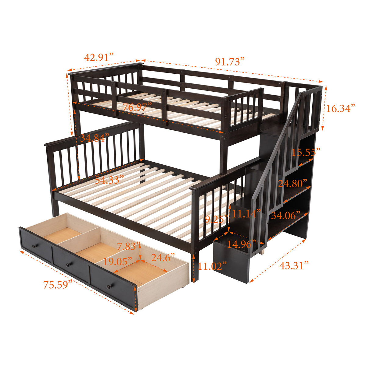 Stairway Bunk Bed With Storage And Guard Rail For Bedroom