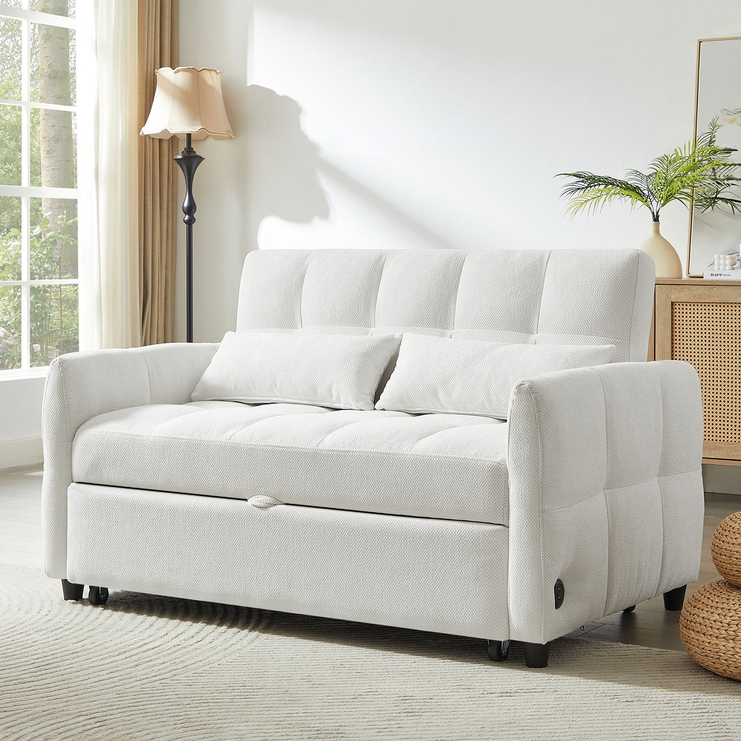 Loveseat Sofa Pull-Out Bed With Adjustable Backrest, 3 USB Ports And 2 Lumbar Pillows For Living Room