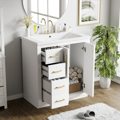 Ceramic Sink Combo, Freestanding Vanity Set With 3 Drawers & Soft Closing Doors