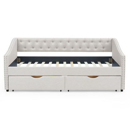Upholstered Tufted Daybed With 2 Drawers, Waved Arms