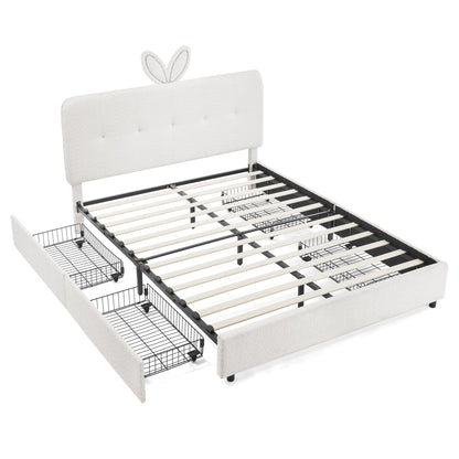 Upholstered Bed With Oversized Rabbit Ear Headboard, LED Lights & 4 Storage Drawers