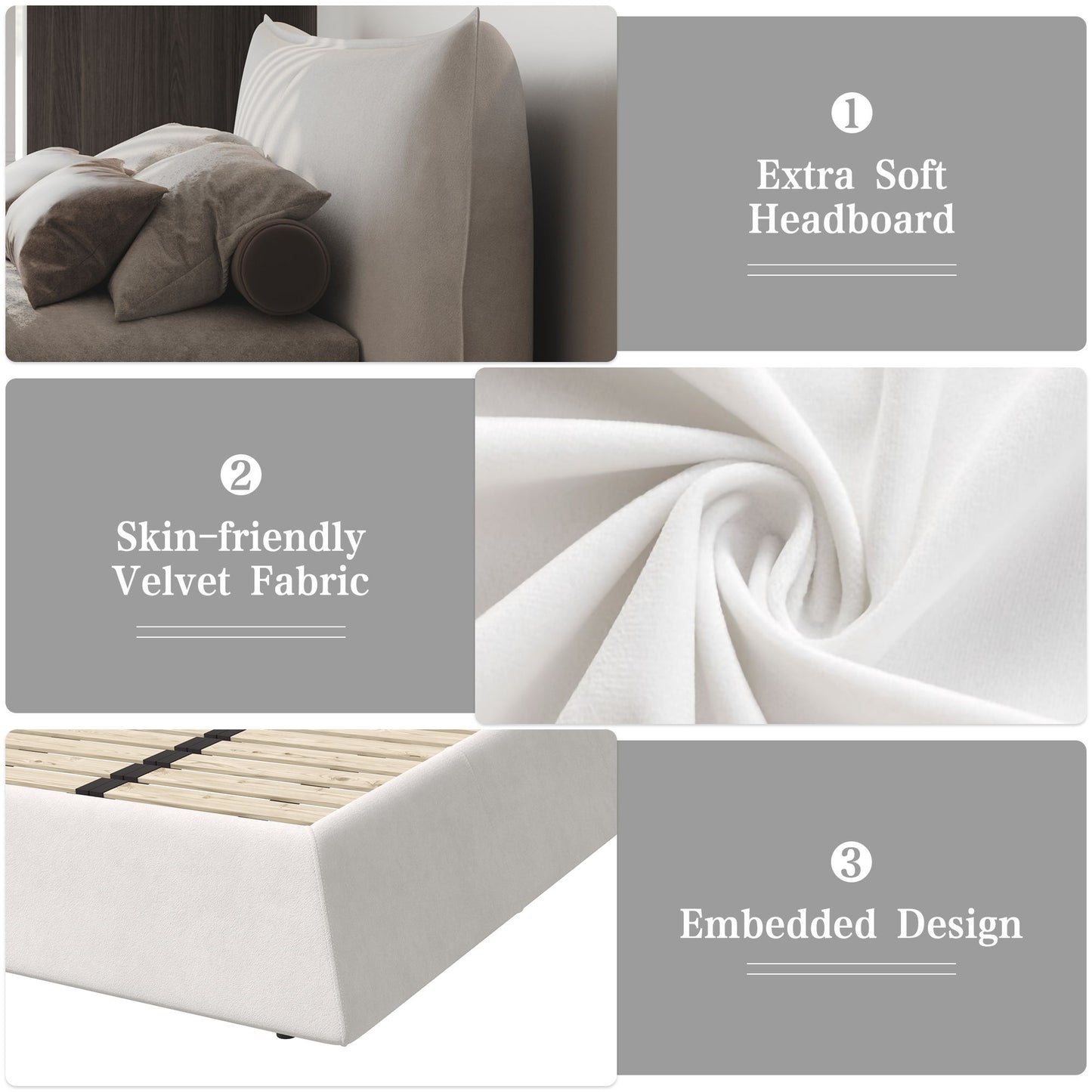 King Size Platform Bed With Special-Shaped Headboard - Cream