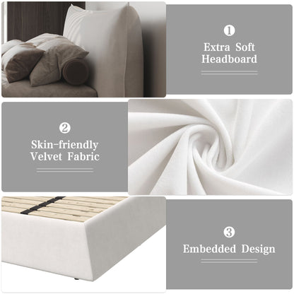 King Size Platform Bed With Special-Shaped Headboard - Cream