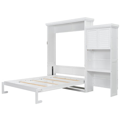 Queen Size Murphy Bed With Louvered Design And Multiple Storage Shelves - White
