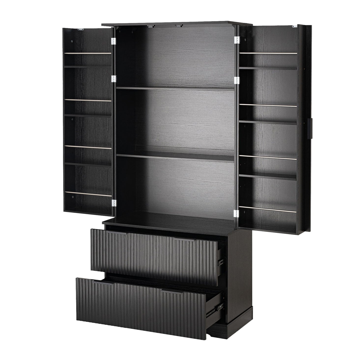Fluted Kitchen Pantry Cabinet With 2 Large Drawers & 8 Door Spice Rack