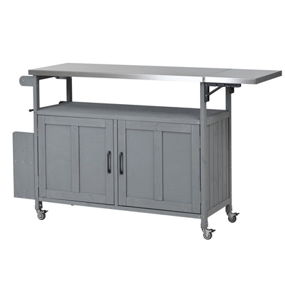 Foldable Outdoor Kitchen Island With Lockable Wheels, Storage Cabinet And Towel Rack For Patio