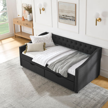 Upholstered Tufted Daybed With 2 Drawers, Waved Arms