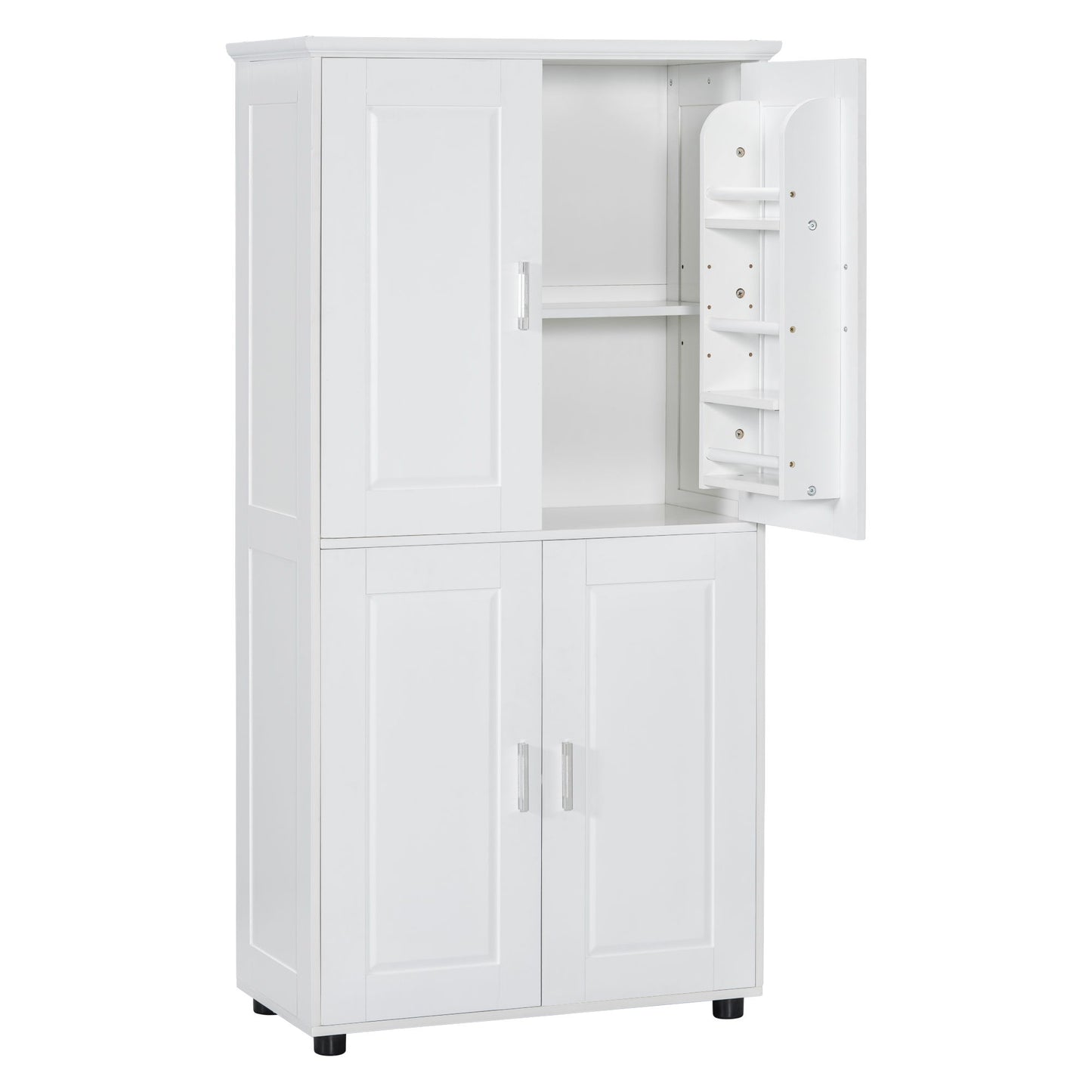 Tall And Wide Bathroom Floor Storage Cabinet With 4 Doors, Adjustable Shelves - White
