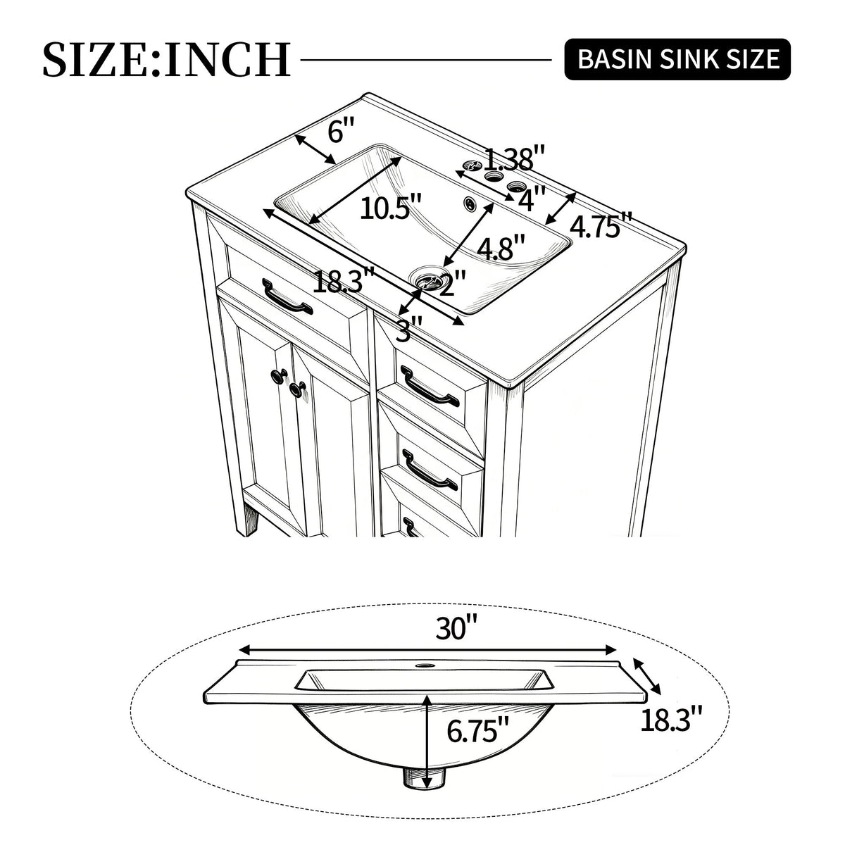Bathroom Vanity With Sink, Freestanding Design, Soft Close Doors & Drawers - White