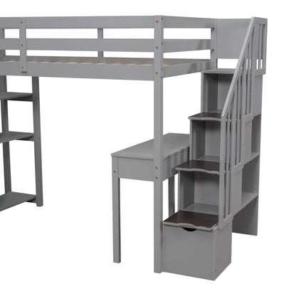Loft Bed With Storage Drawers, Desk And Stairs With Shelves