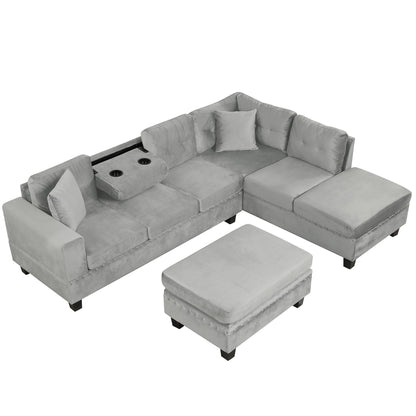 Modern Sectional Sofa With Storage Ottoman, L - Shape Couch With 2 Pillows And Cup Holders