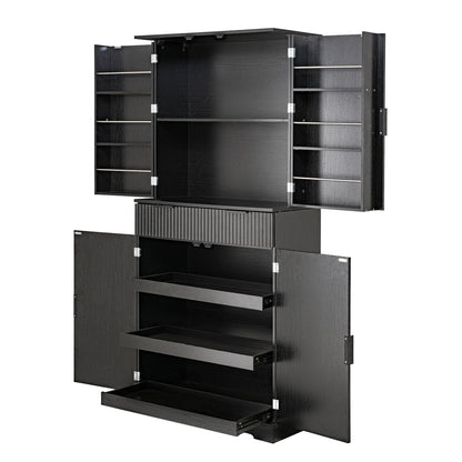 Fluted Kitchen Pantry Cabinet With 3 Keyboard Drawers & 6 Door Shelves Adjustable