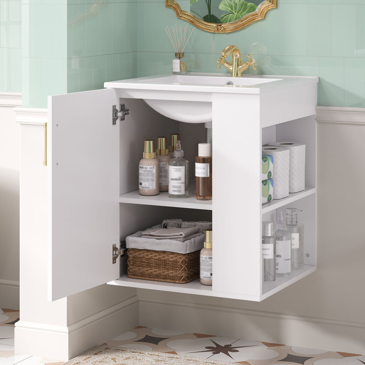 Wall Mounted Bathroom Cabinet With Side Shelf Combo, Vanity With Sink - White
