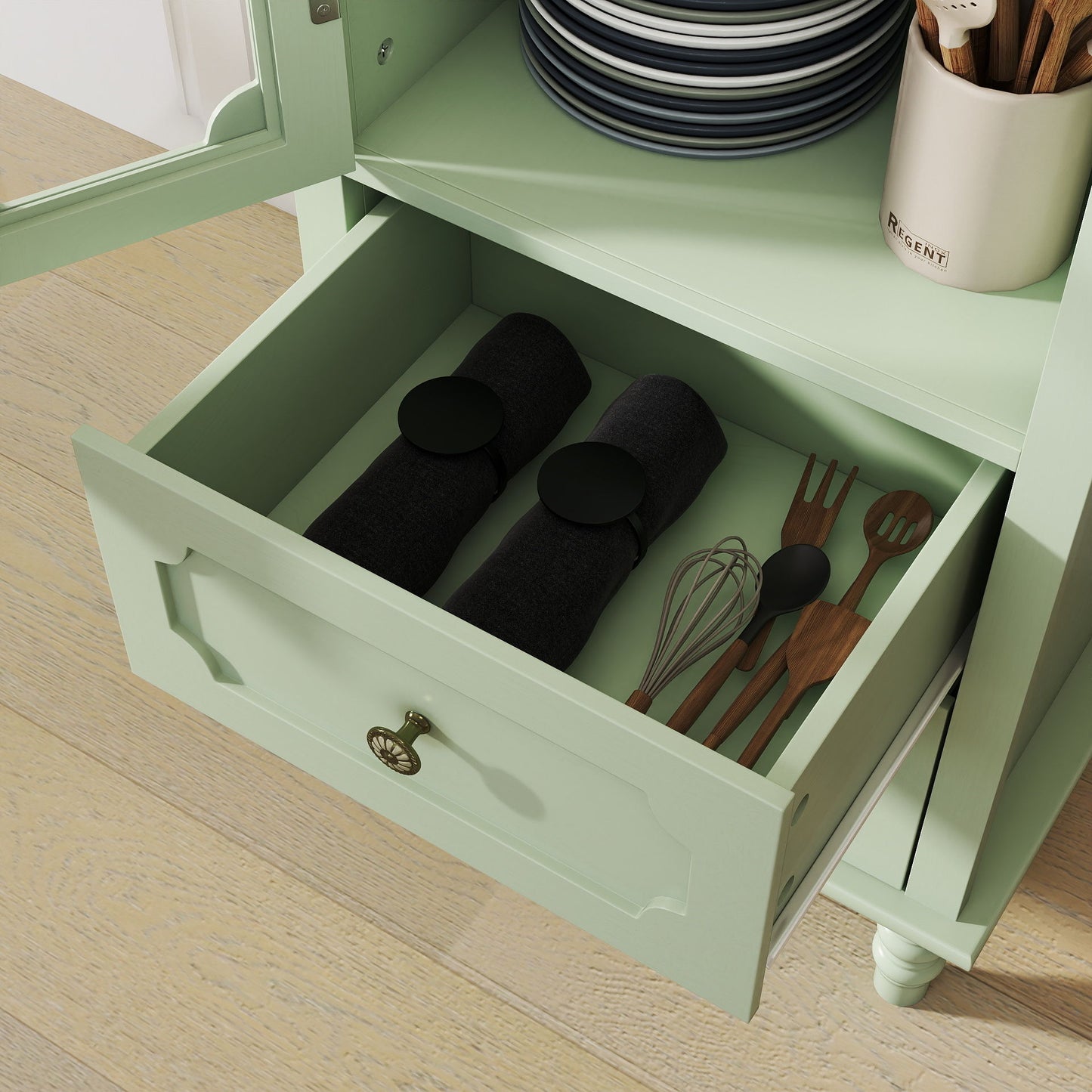 Minimalism Buffet Cabinet With Glass Doors And Double Drawer