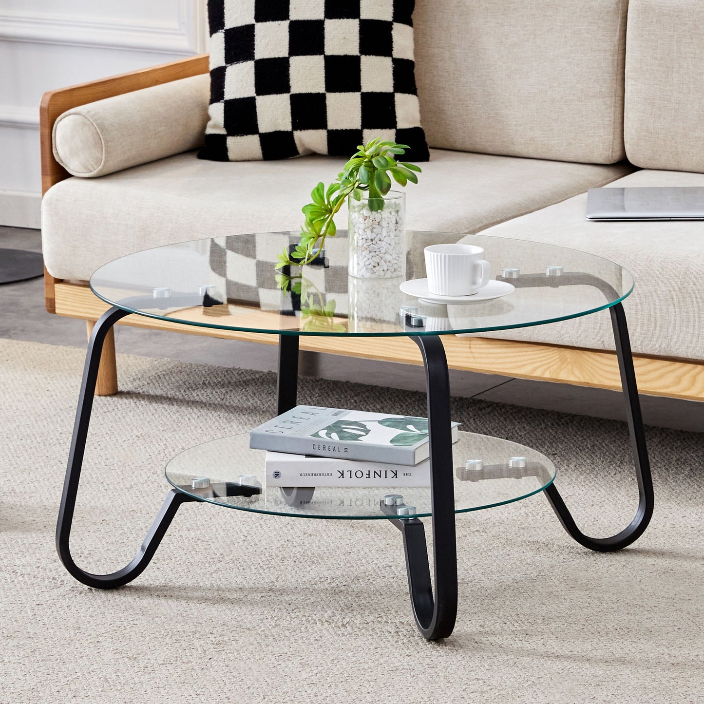 Retro Minimalist Style Metal Frame Double Layer Tempered Glass Coffee Table