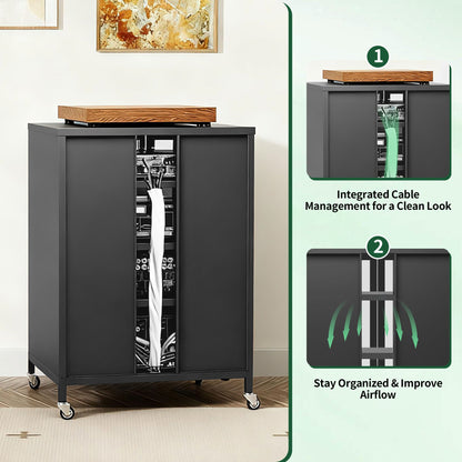 Media Storage Cabinet With Wheels, 4 Adjustable Glass Shelves & Door, Heavy-Duty - Black