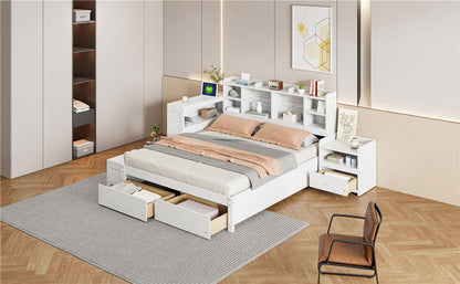 Platform Bed With Multi Functional Storage Space, Nightstand, 2 Drawers, USB Ports And Desk
