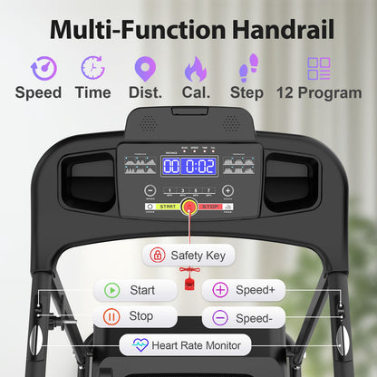 Foldable Electric Treadmill With 2.5Hp Motor, 12Km / H Speed, 3 Incline Levelstooth Music, Heart Rate Sensor, Spacious Running Belt For Indoor - Black