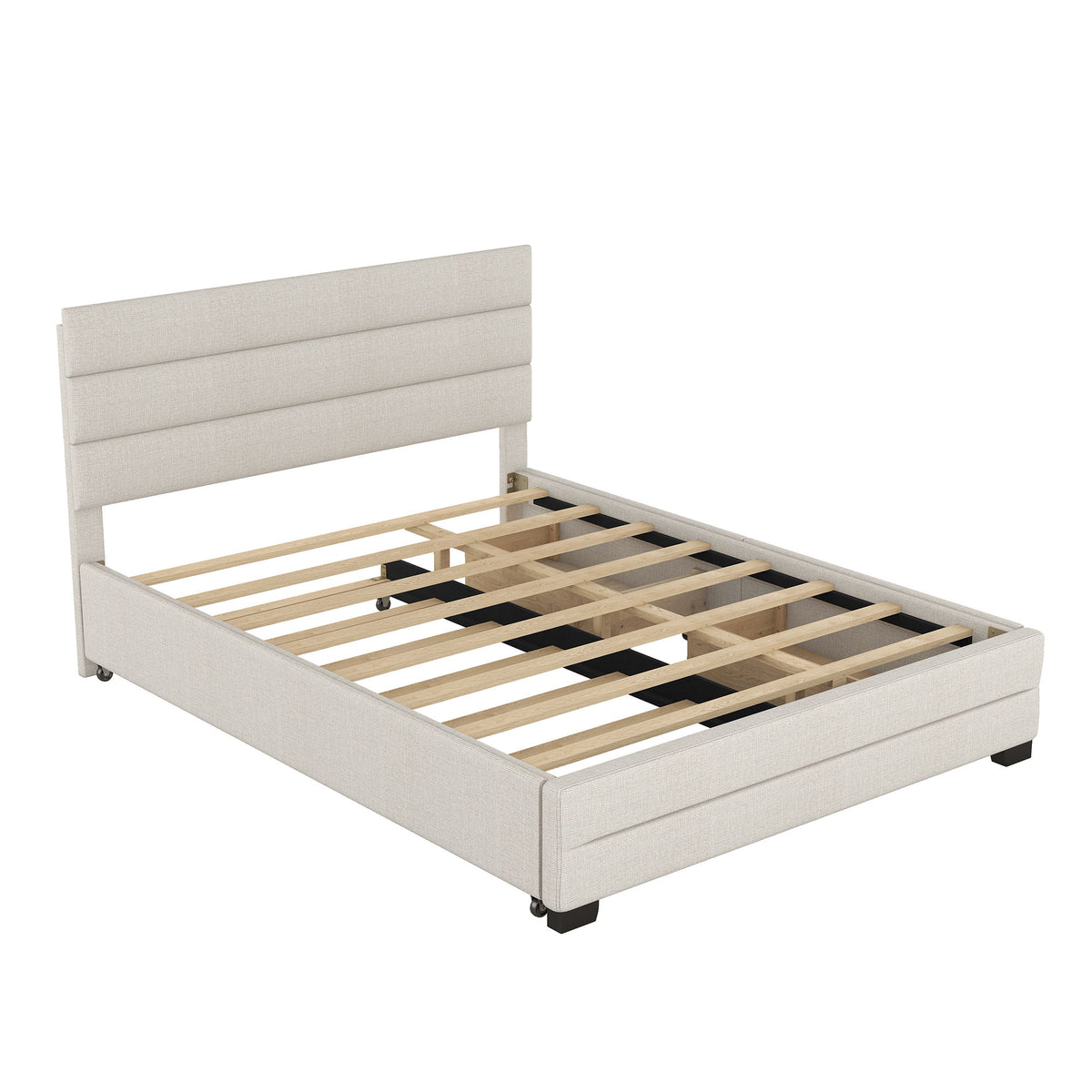 Queen Platform Bed With Twin Trundle And 2 Storage Drawers - Beige