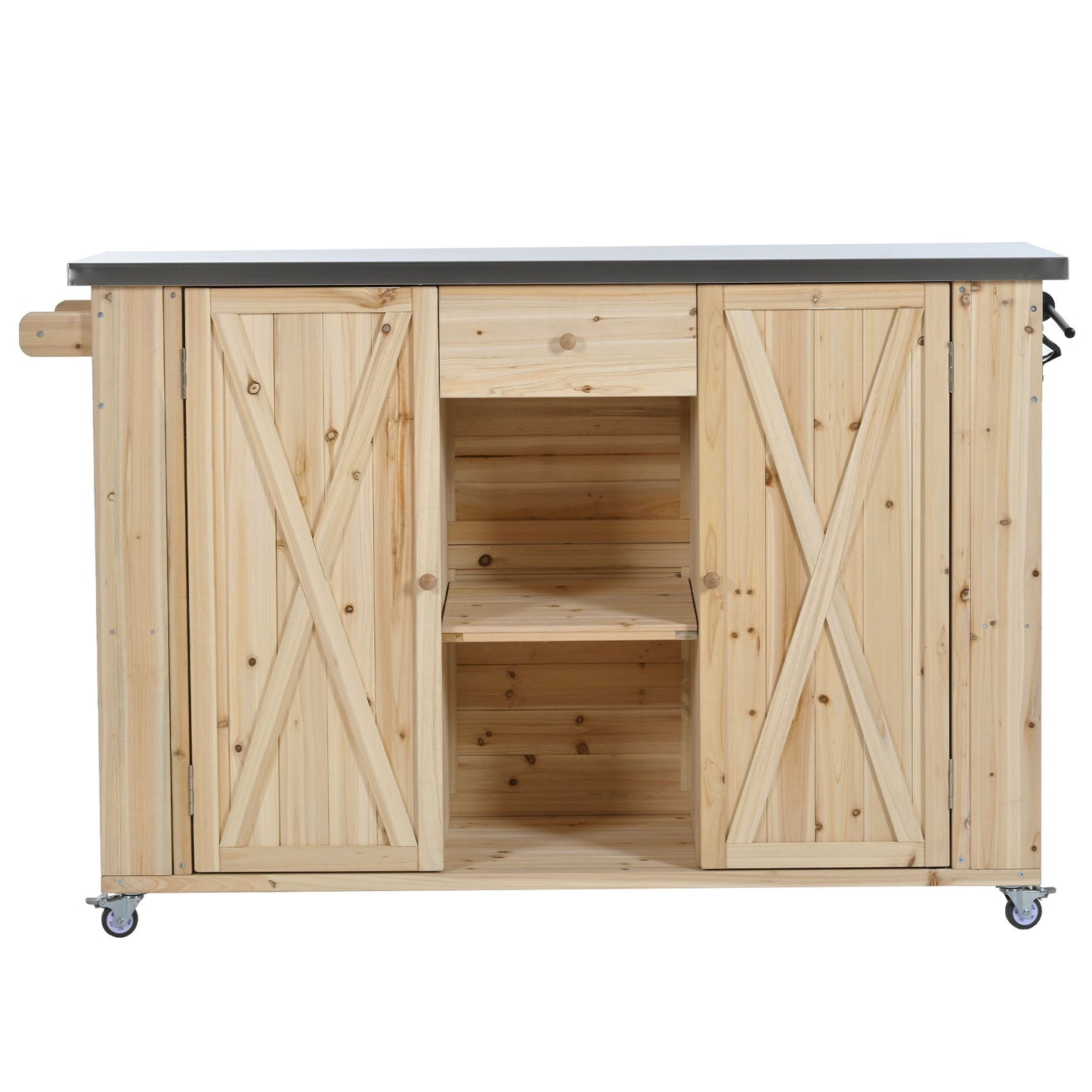 Outdoor Kitchen Island With Stainless Steel Top, Ample Storage Space, Towel And Spice Racks And A Bottle Opener
