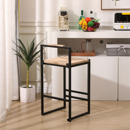 Stylish (Set of 2) Bar Stools With Backrest And Paper Rope Woven Seat, Counter Height Dining Chairs For Kitchen - Natural