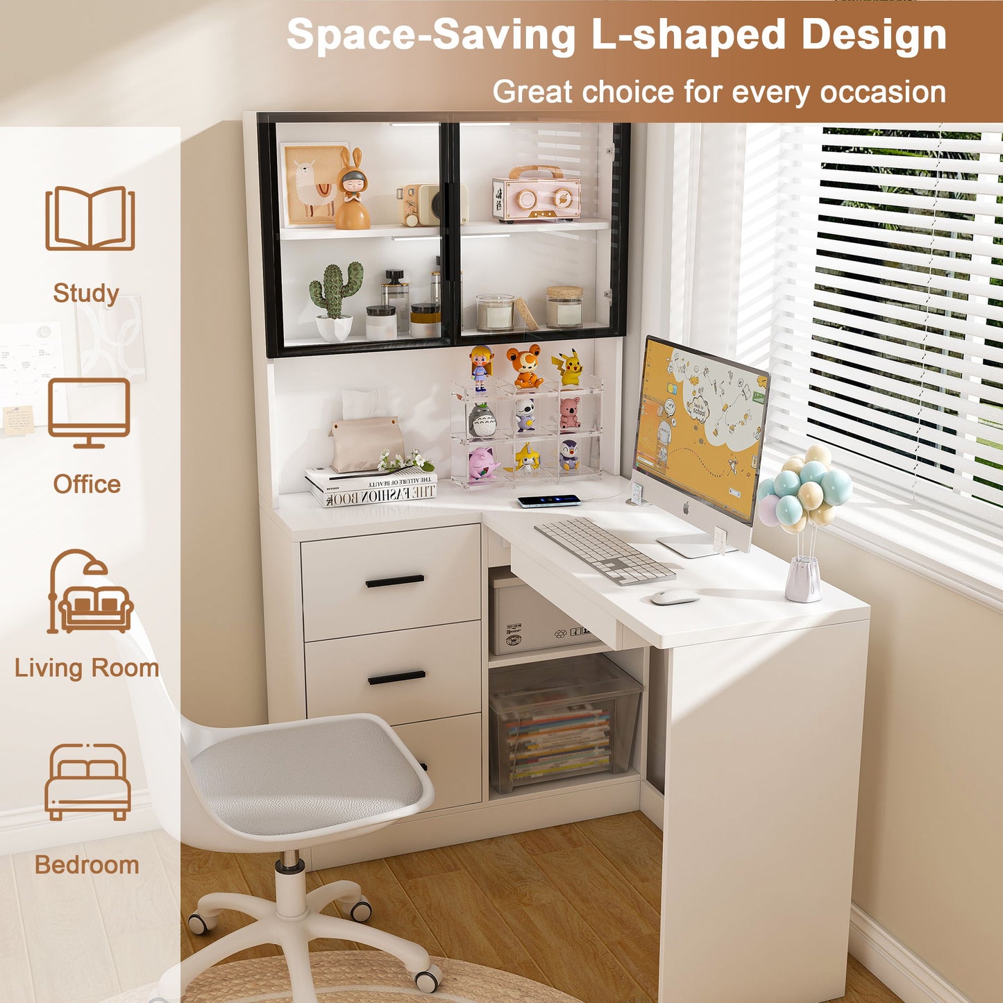 L-Shaped Computer Desk With Glass Cabinets, Built In LED Lights, USB Charging Ports