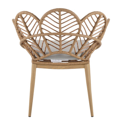 Kirk - Outdoor Wicker Peacock Shape Papasan Style Chair, Teak Finished Leg (Set of 2) - Beige / Light Brown / Light Teak