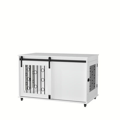 Dog Crate With Sliding Barn Door And Side Access, Lockable Wheels For Small To Medium Dogs - White