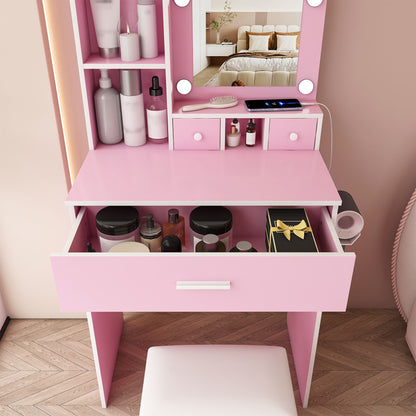 Vanity Table With Mirror, Adjustable LED Lights, Power Outlet, Hairdryer Holder & Stool