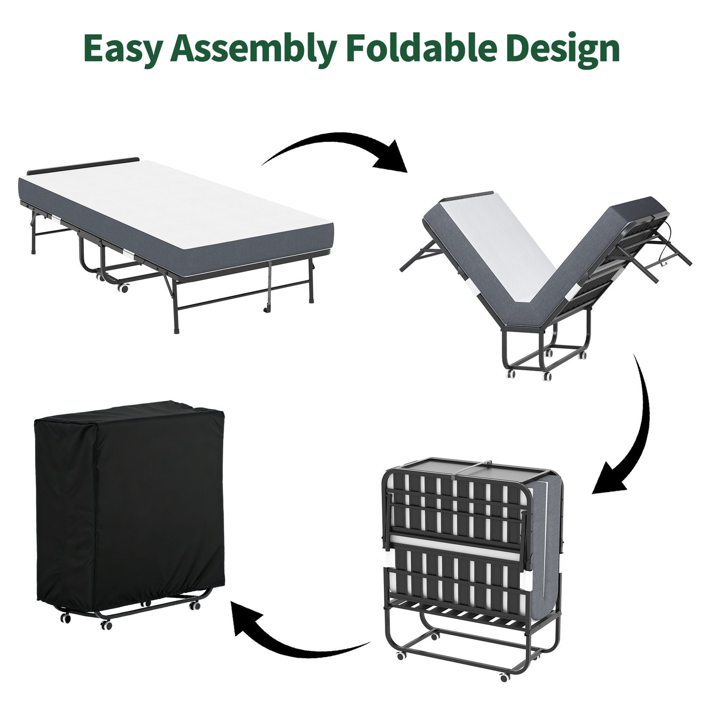 Twin Folding Bed With Adjustable Headboard, Memory Foam For Tall People, Heavy-Duty Portable On Wheels, Easy Assembly - Black