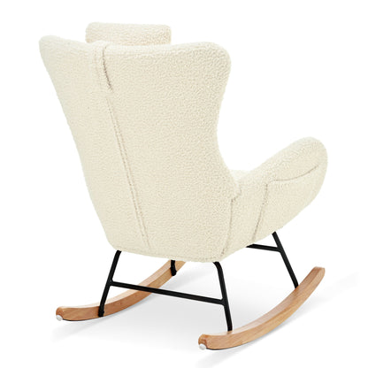 Rocking Chair Nursery, Teddy Upholstered Rocker Glider Chair With High Backrest, Adjustable Headrest & Pocket, Comfy Glider Chair For Nursery, Bedroom, Living Room, Offices, Rubber Wood
